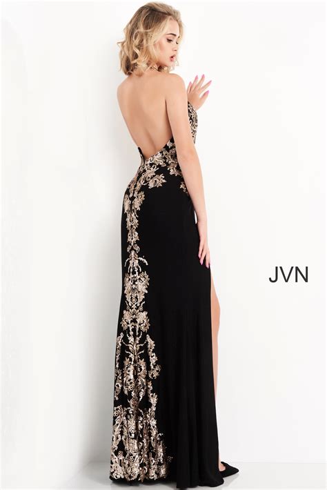 black prom dress with gold accents